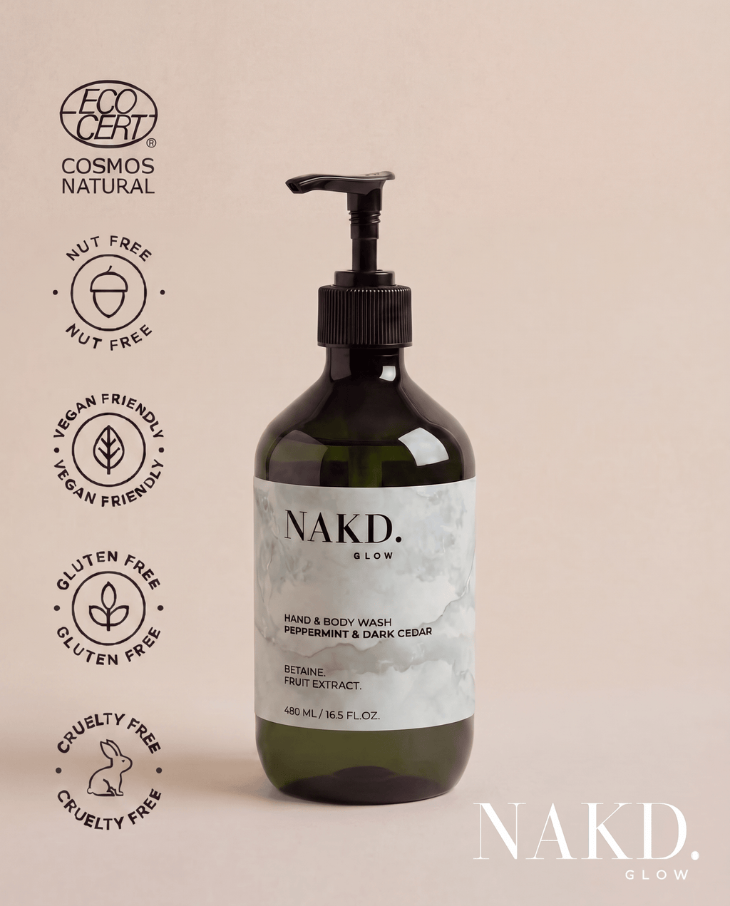 Hand & Body Wash, Peppermint & Dark Cedar - NAKD-Glow® by Vaulture